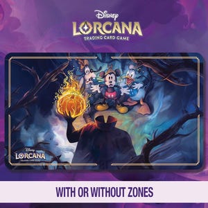Puede incluir: Imagen promocional del juego de cartas coleccionables Disney Lorcana. La carta presenta a Mickey Mouse, el Pato Donald y Goofy en una escena espeluznante. Una figura sostiene una calabaza brillante. El texto "WITH OR WITHOUT ZONES" es visible.