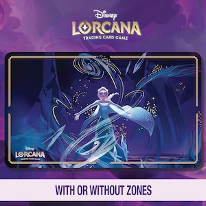 May include: A Disney Lorcana trading card game playmat featuring Elsa from Frozen. The playmat has a dark blue and purple background with the Disney Lorcana logo and the text "WITH OR WITHOUT ZONES". The image shows Elsa with her arms outstretched.