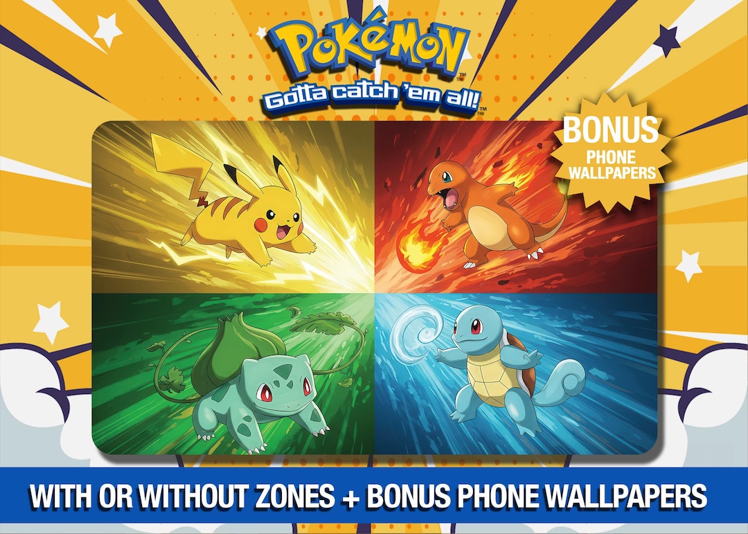 ピカチュウ、フシギダネ、ヒトカゲ、ゼニガメのポケモンプレイマット