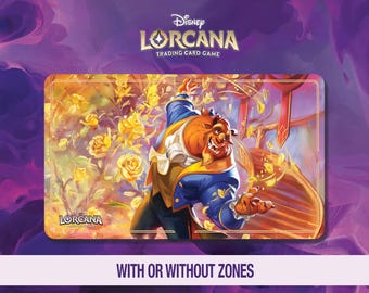 Op de afbeelding: Een Disney Lorcana trading card game playmat met een illustratie van het Beest uit Belle en het Beest. De playmat heeft een goudgeel en blauw kleurenschema met de tekst "WITH OR WITHOUT ZONES". Het Disney Lorcana logo staat bovenaan.