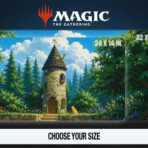 May include: A Magic The Gathering playmat featuring a stone tower in a forest with a blue sky and clouds. The text 24 x 14 in. and 32 x 16 in. indicates available sizes. The design includes green trees, flowers, and a small figure near the tower.