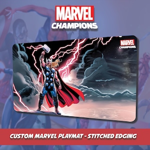 Custom Marvel Champs Playmat - Thor - Genähte Umrandung für Sammelkartenspiele und Kartenspiele - Mauspad - Accessoire