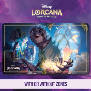 May include: A Disney Lorcana trading card game playmat featuring a sloth character in a blue and green outfit. The playmat has a purple background with the text "WITH OR WITHOUT ZONES". The Disney Lorcana logo is at the top.
