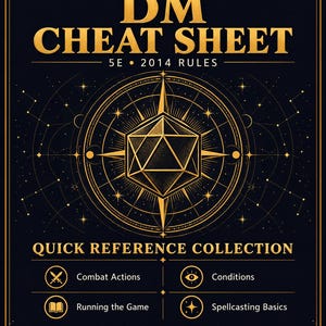 May include: A black and gold DM Cheat Sheet 5E 2014 Rules reference guide. The cover features a central 20-sided die icon, celestial motifs, and text including Around the Fox Shop, Quick Reference Collection, Combat Actions, Conditions, Running the Game, and Spellcasting Basics.