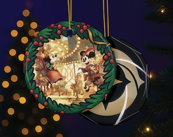 Disney Lorcana Mickey and Minnie - Holiday Wreath Ornament - Fabled - Double Sided - Round Ceramic Ornament - TCG