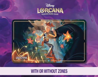 Disney Lorcana Playmat – Woody - Leader of the Toys - TCG Ready  - Wilds Unknown (23.6 x 13.8 in) – Neoprene / Rubber – Stitched Edges