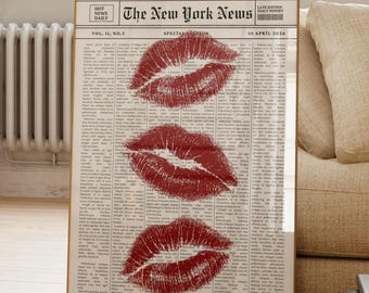 Retro Newspaper Print Red Kiss Lips Wall Art Vintage Black White Girly Bar Cart Poster Printable