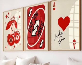 Ace of Hearts Poster Print Set of 3 Cherry 8 Ball, Love You More Wall Art, Printable Retro Decor, Trendy Aesthetic Art Print, Design Art