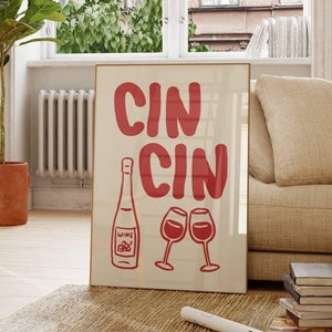 Wine Cin Cin Print, Alcohol Poster Print, Retro Bar Cart Wall Art, Printable Art Decor Drinks Digital Poster, Cute Kitchen Decor