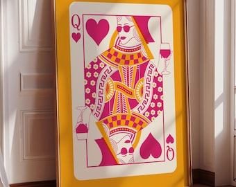 May include: A Queen of Hearts playing card with a yellow background. The Queen is wearing sunglasses and a pink and yellow patterned dress. She is holding a glass of wine in one hand and a bottle of wine in the other.