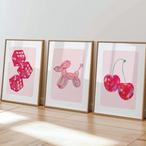 Juego de 3 cerezas rosas y dados, póster imprimible de perro con globo, arte de pared moderno, impresión de arte de pared femenino, decoración estética de habitación, impresión de arte de pared