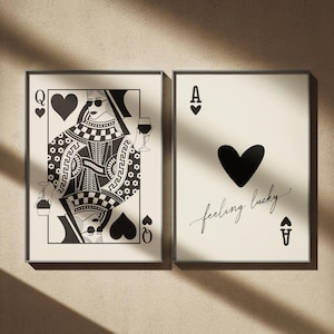 Ace of Hearts and Queen of Hearts set of 2 Printable Wall Art, Trendy Wall Art Aesthetic Room Decor, Preppy Poster, Black Wall Art