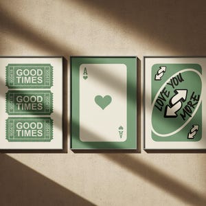 Ace of Hearts Poster Print Set of 3 Ticket Poster Print, Love You More Wall Art, Printable Retro, Trendy Aesthetic Art Print, Bar Cart Art