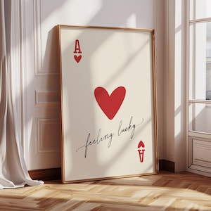 Poster con stampa "Asso di cuori che si sente fortunato", arte murale retrò alla moda, stampa estetica, stampa di poster di carte da gioco, arte murale rossa, detti murali
