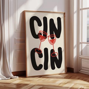 Wine Cin Cin Print, Alcohol Poster Print, Retro Bar Cart Wall Art Bar Printable Art Decor Drinks Black Red Digital Poster, Minimalist Art