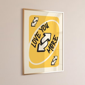 Trendy Love You More-print, gele retro muurkunst afdrukbaar, poster speelkaart, esthetische print, wanddecoratie, digitale download