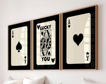 Muurkunst set van 3 hartenvrouwen en schoppenaas trendy muurkunst afdrukbaar, Black Lucky You-poster, esthetische print, retro kunst aan de muur