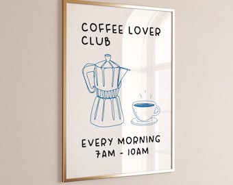 Impression d'art mural Coffee Lover Club, impression d'art mural cuisine, impression de café rétro tendance, impression d'art mural pour le petit déjeuner, décoration murale imprimable