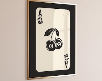 Op de afbeelding: Een zwart-witte illustratie van een aas van schoppen speelkaart met een kersendesign. De kersen zijn afgebeeld als 8-ball biljartballen.
