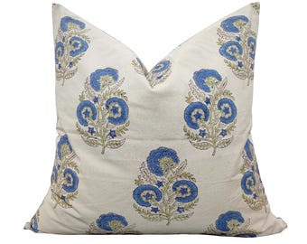 Hand Block Print Blue Floral Pillow Cover