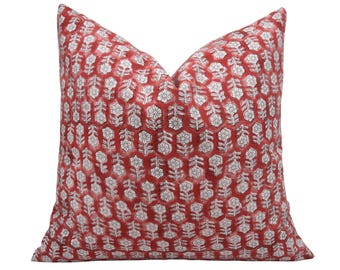 Handmade Block Print Pillow Cover: Red Floral Farmhouse Decor