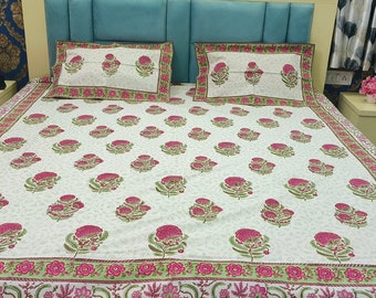 Hand Block Print Cotton Bedsheet: Traditional Indian Floral King-Size Bedding Set