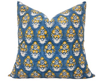 Blue Floral Hand Block Print Pillow Cover: Boho Farmhouse Decor