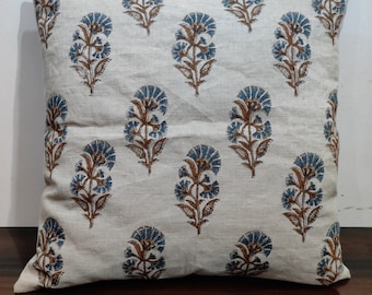 Floral Linen Pillow Cover: Blue Rust Block Print, Boho Throw Pillow