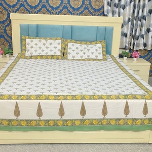 Palm Trees - Jaipuri Hand Block Printed Cotton Bed Cover with Two Pillow Cases,Flat Sheet,King Size,Floral,Ethically Made,Handcrafted