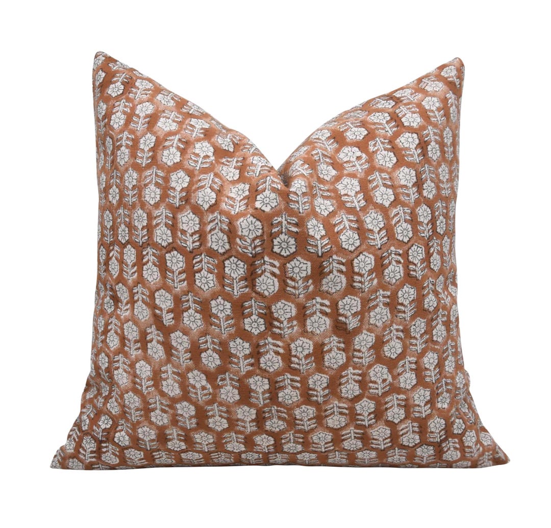 Rusty Pilo Block Handmade Block Print Pillow Cover: Rust Floral, Farmhouse Decor - Etsy