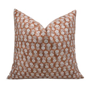 Handmade Block Print Pillow Cover: Rust Floral, Farmhouse Decor