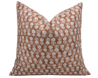 Handmade Block Print Pillow Cover: Rust Floral, Farmhouse Decor