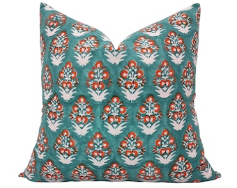 Teal & Orange Floral Pillow Cover: Hand Block Print, Boho Decor