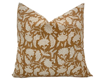 Hand Block Print Pillow Cover: mustard Floral Boho Farmhouse Decor