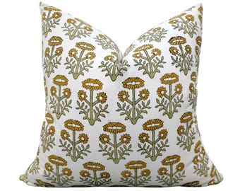 Indian Block Print Pillow Cover: Floral Olive Sage Cotton