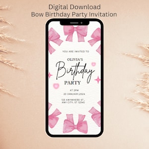 Bow Birthday Invitation, Editable Girly Birthday Party Invitation, Pink Birthday Invite, Party Invite, Instant Download Birthday