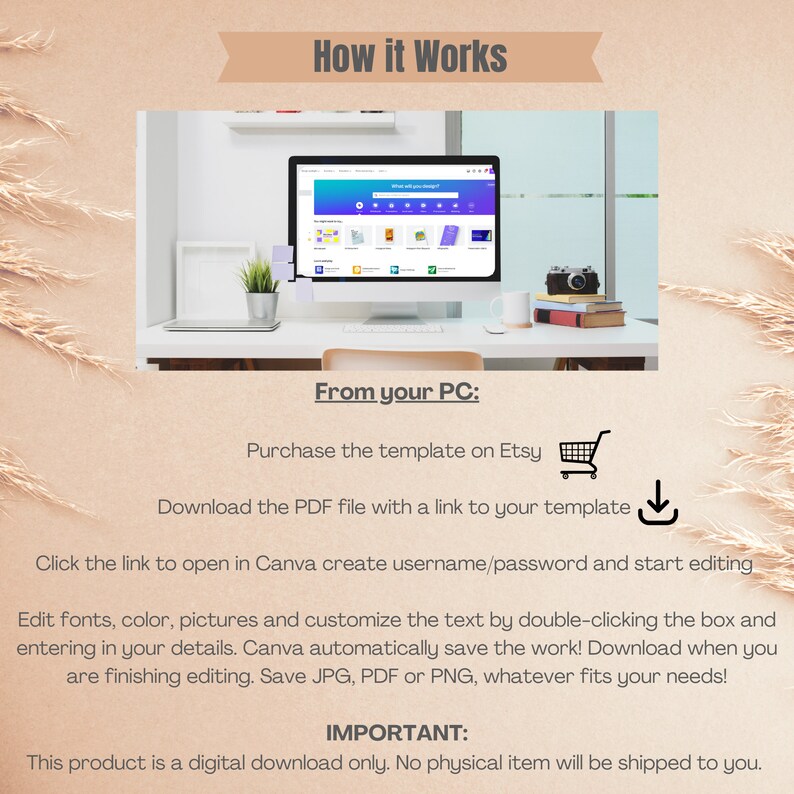 Puede incluir: Una pantalla de ordenador que muestra un sitio web de Canva con un icono de carrito de compras y una flecha de descarga. El texto en la pantalla dice "How it Works" y "From your PC". El texto debajo de la pantalla dice "Purchase the template on Etsy", "Download the PDF file with a link to your template", "Click the link to open in Canva create username/password and start editing", "Edit fonts, color, pictures and customize the text by double-clicking the box and entering in your details. Canva automatically save the work! Download when you are finishing editing. Save JPG, PDF or PNG, whatever fits your needs!" and "IMPORTANT: This product is a digital download only. No physical item will be shipped to you."