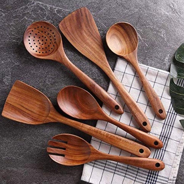 Wooden Kitchen Utensils Set, 6 PCS Wooden Spoons for Cooking,Wooden Cooking Utensils,Natural Teak Wooden Spoons For Non-stick Pan