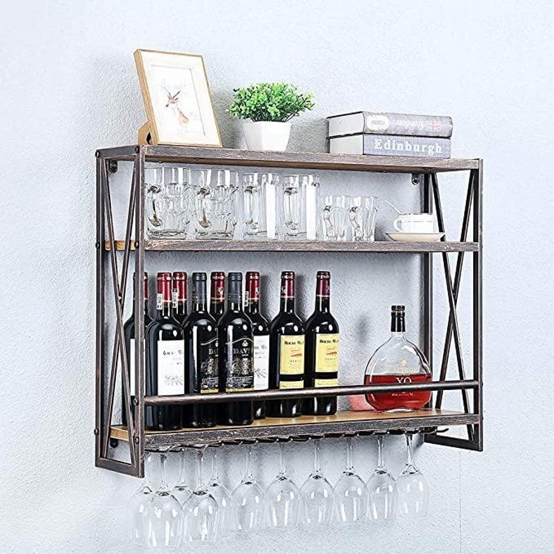 3 Tier - 31.5in - Red Copper Industrial Wine Rack Wall Mounted, Wall Wine Rack
