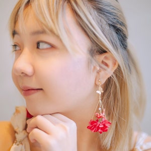 Handgemachte konservierte rote Hortensie s925 Silber Ohrringe mit japanischem Papier Kranich