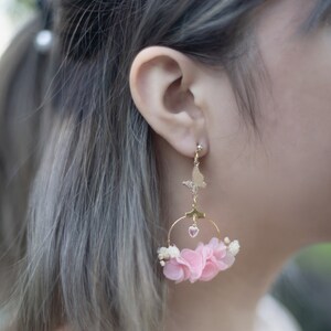 Handmade Preserved Pink Colour Hydrangea s925 Silver Earrings w/ Preserved Baby’s Breath Flower