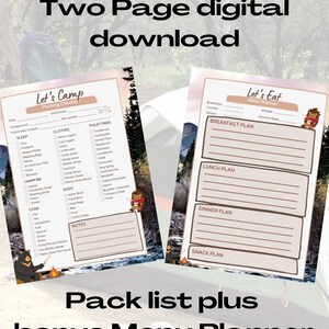 Tent Camping Pack List Digital Download - Packliste fürs Auto, Camping, Menüplaner