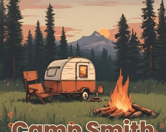Arte de camping personalizado: remolque, camping con nombre de familia, personalizado