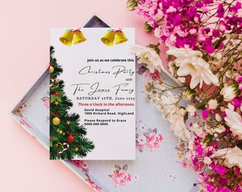 May include: A white Christmas party invitation with a festive green pine tree decorated with red ornaments, candy canes, and gold stars. The text reads "Join us as we celebrate this Christmas Party with The James Family SATURDAY 26TH. June 2023 Three o'clock in the afternoon. David Hospital 1999 Richard Road, HighLand Please Respond to Grace 0000-000-0000"