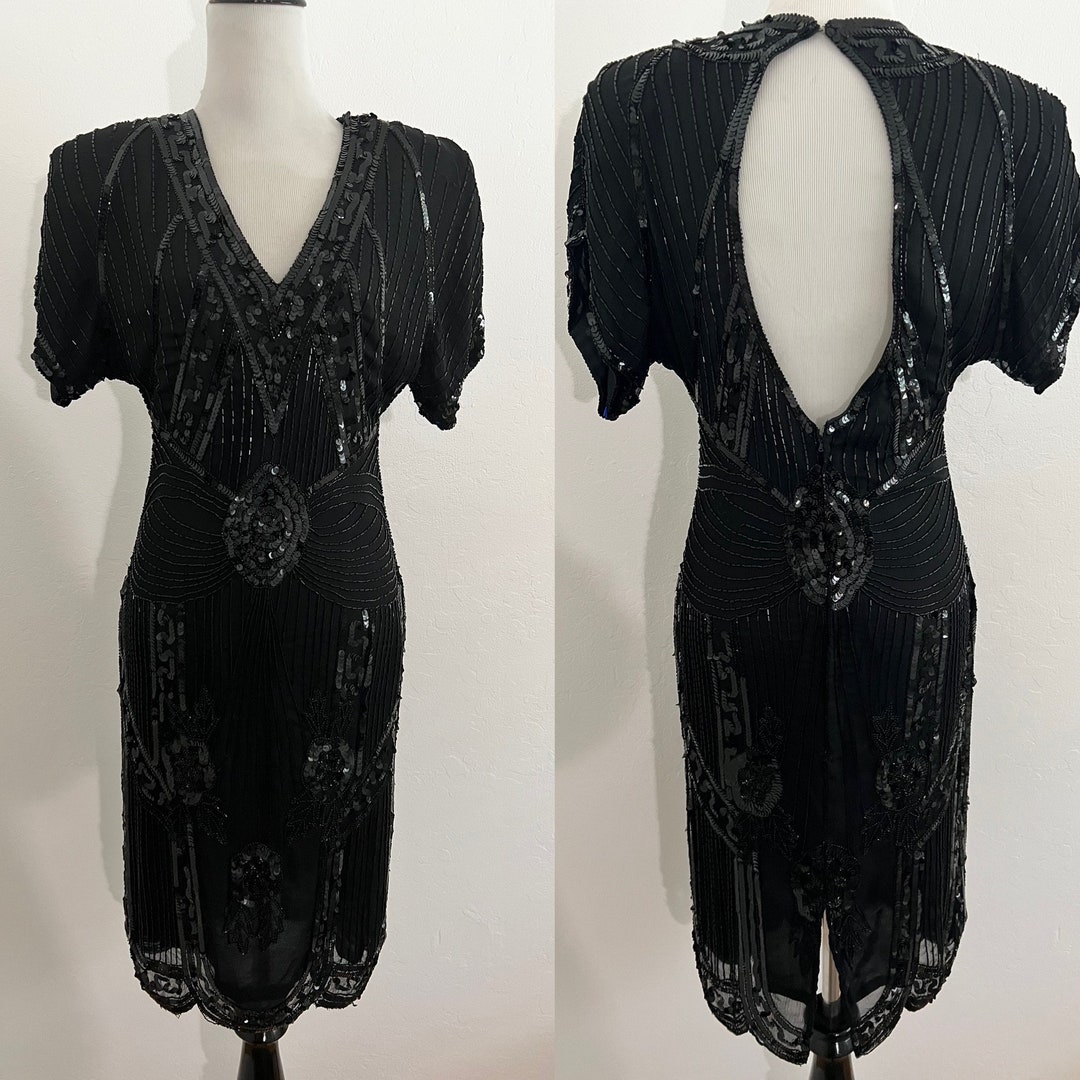 Black Glitter Beaded Long Sleeves Bodycon Cocktail Dress