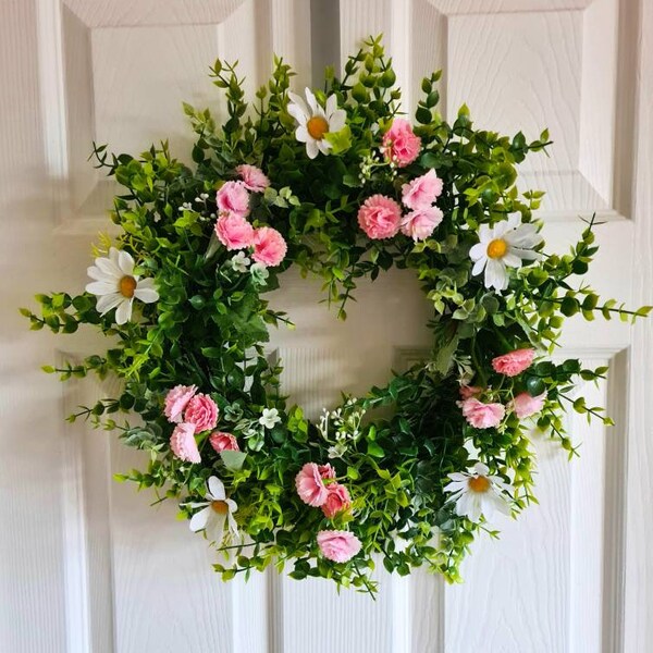 Carnation, Daisy and Eucalyptus wreath, Spring / Summer Wreath for Front Door, Spring / Summer Door Wreath - 46cm (18")