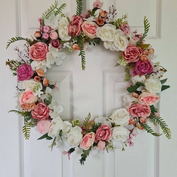 Summer Wreath, Peony, Rose, Hydrangea and Cherry Blossom Wreath, Summer Door Wreath, Large Summer Front Door Wreath - 49cm (19")