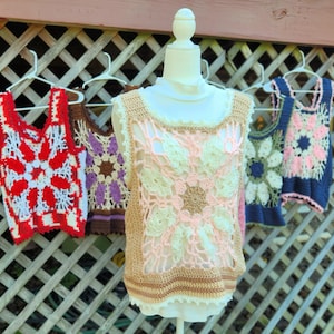 Pullover Sleeveless Ladies Vest Tank Granny Square Retro Style