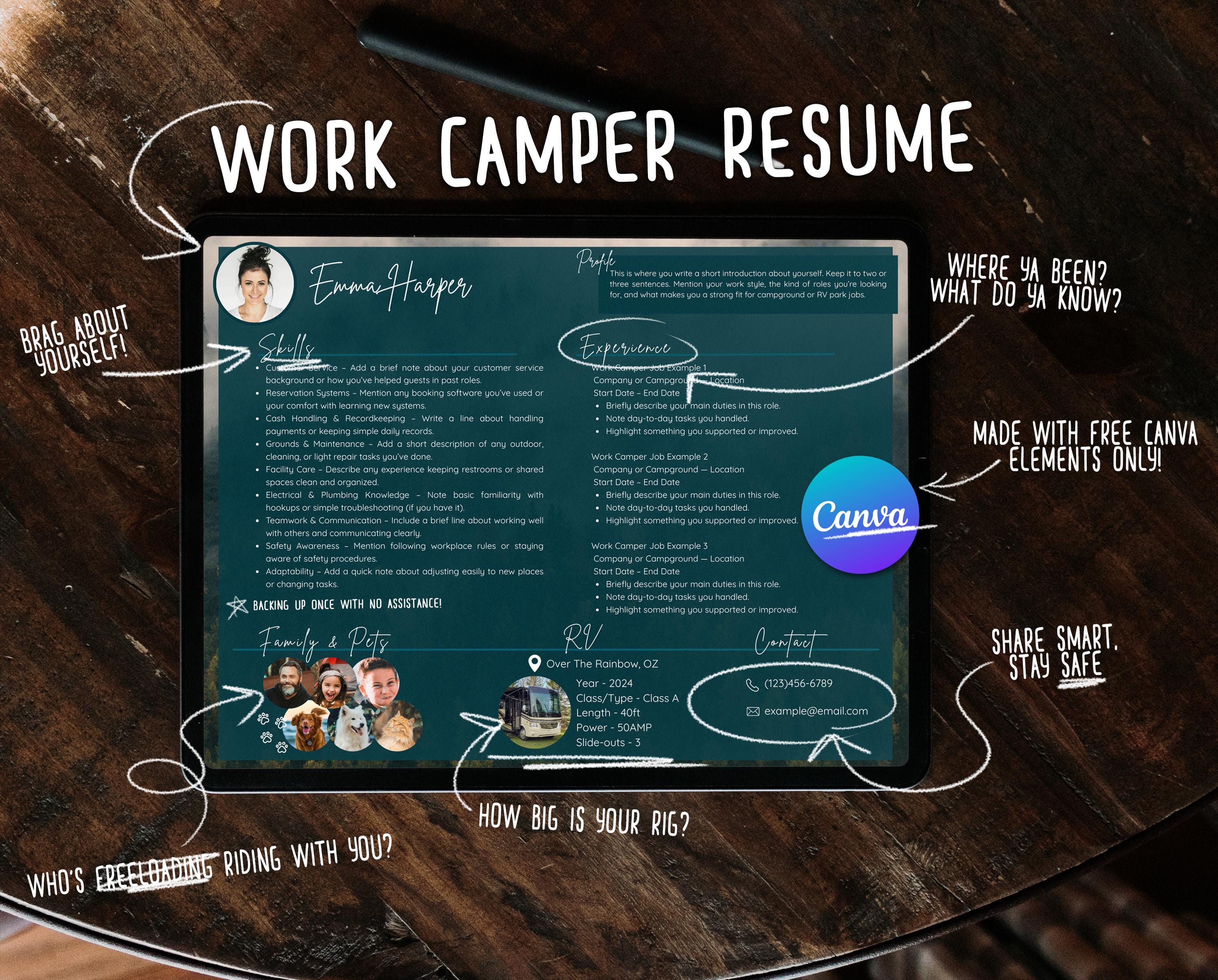 Work Camper Resume Template | Workamper Job Application | Resume for ...