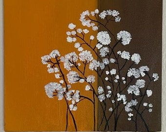 Flowers Acrylic painitng, yellow and brown back drop, white flowers.